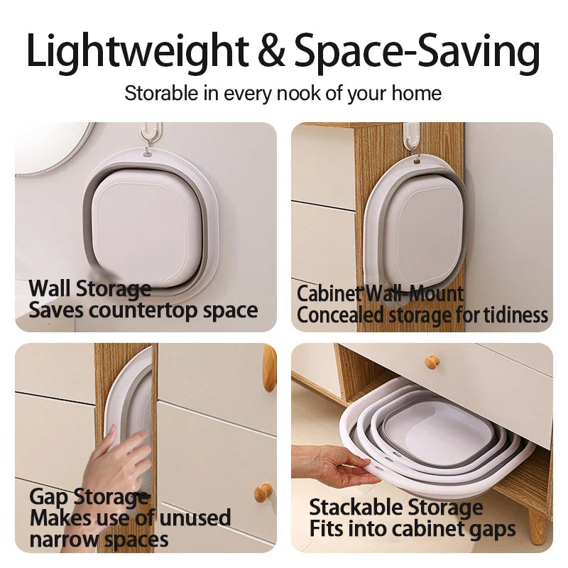 Various storage solutions shown: wall mount, cabinet mount, gap storage, and stackable storage for various spaces.