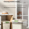 A transparent airtight rice dispenser with a light beige lid and clear body is shown on a wooden shelf.