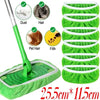 Green reusable microfiber mop pads with various cleaning tools shown alongside.