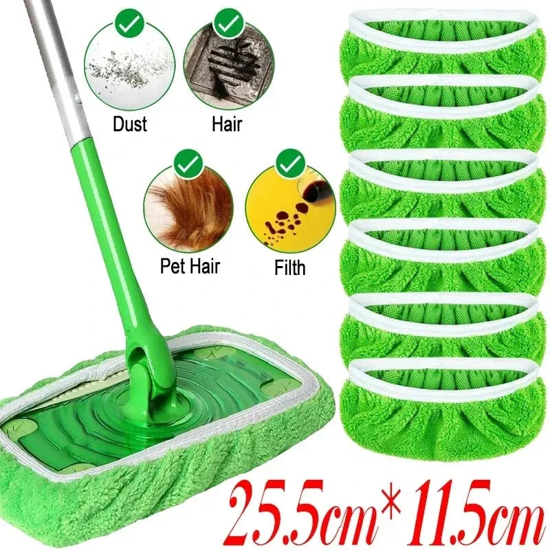 Green reusable microfiber mop pads with various cleaning tools shown alongside.