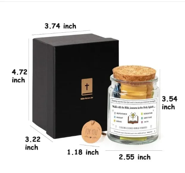 A black box containing a glass jar filled with yellow scripture verses and a wooden tag.