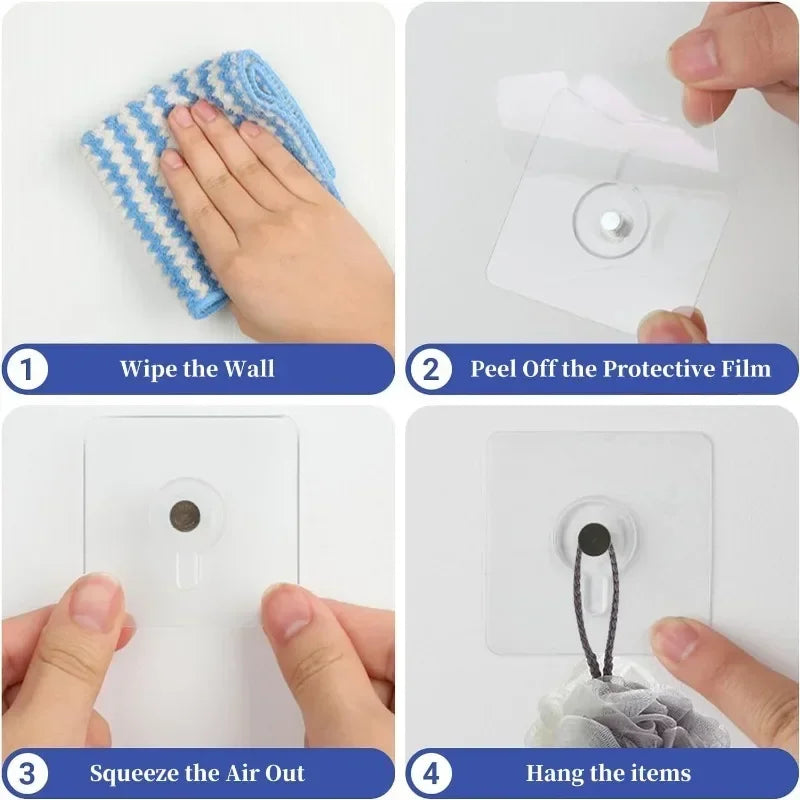 Step-by-step guide showing how to use transparent self-adhesive wall hooks to hang items.