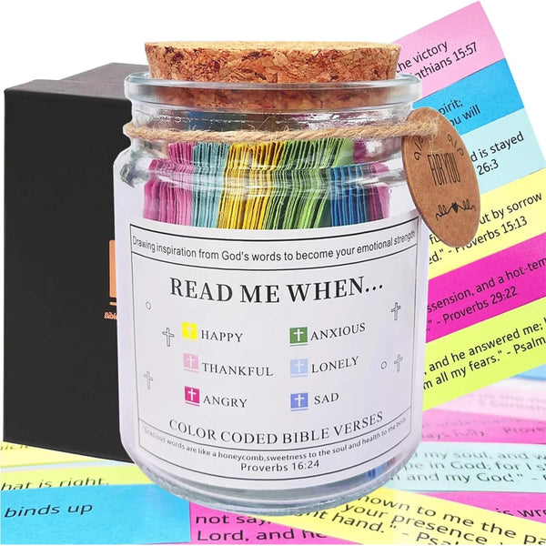 A glass jar filled with color coded Bible verses for emotional strength, labeled Read Me When.