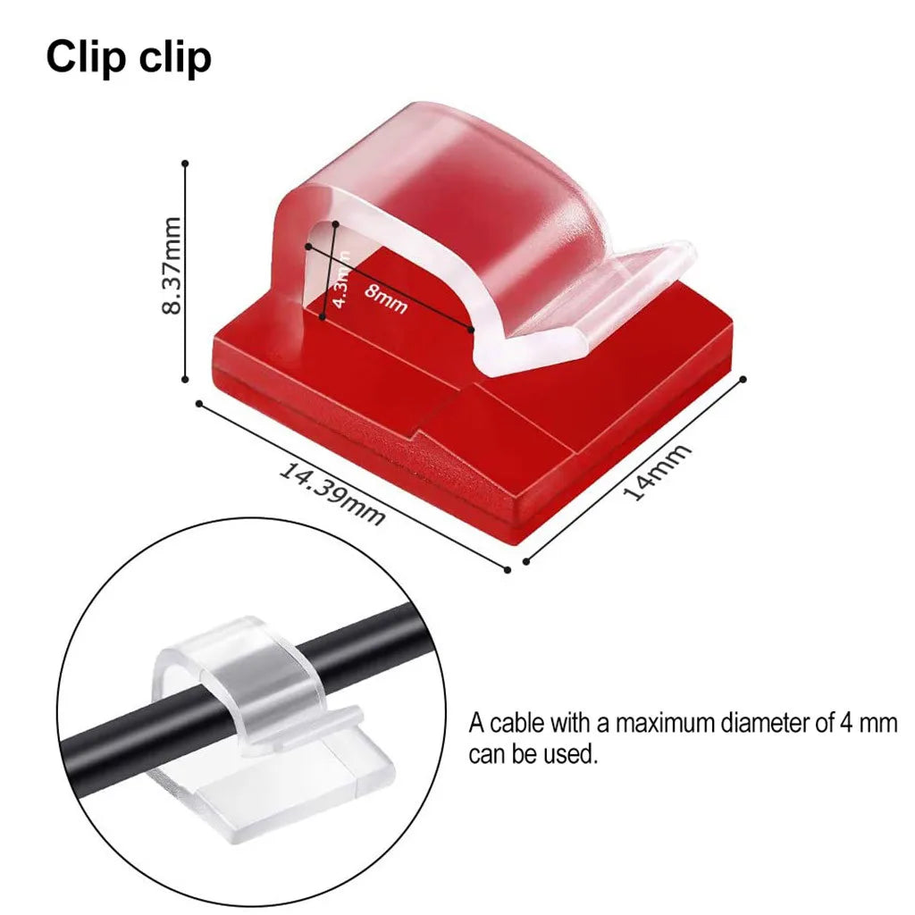 A red clip holder for organizing cables, showing its dimensions and capacity for a 4 mm diameter cable.