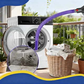 A purple flexible dryer vent cleaning tool is shown being used on a white washing machine.