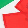 Red and green fabric flags displayed against a white background.