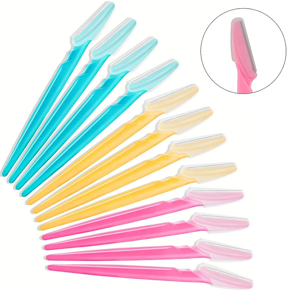 A set of multi-purpose eyebrow razors in various colors including pink, blue, and yellow.