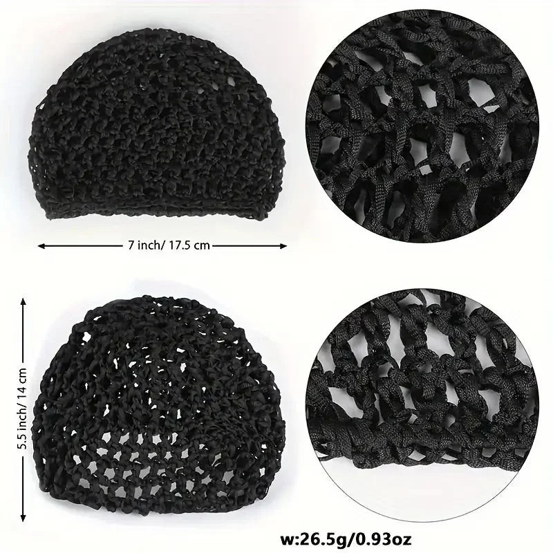 Black adjustable mesh wig cap for hair and turban wear shown in both full and close-up views