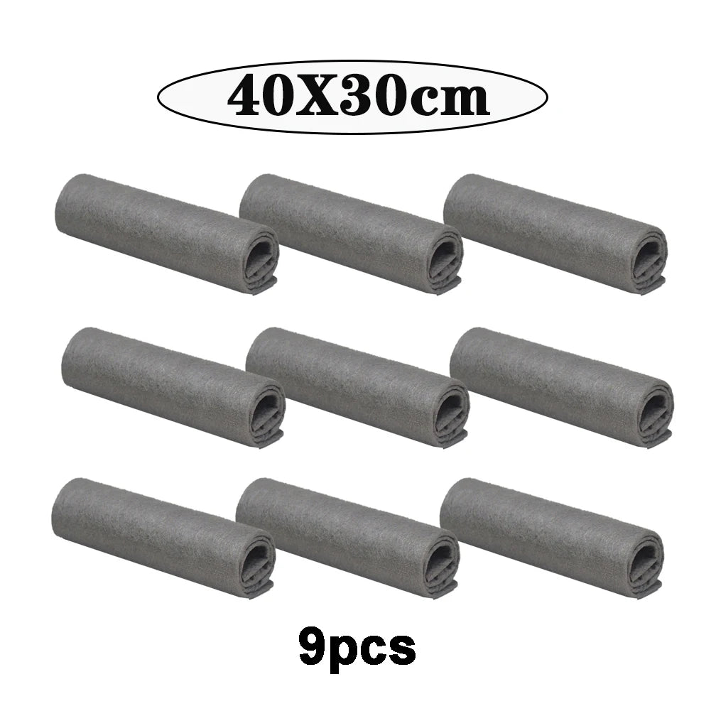 Nine rolls of gray thickened microfiber cleaning cloths, measuring 40x30cm each.
