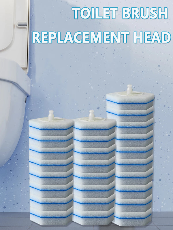 Three stacked replacement heads for a toilet brush, made of blue and white foam.