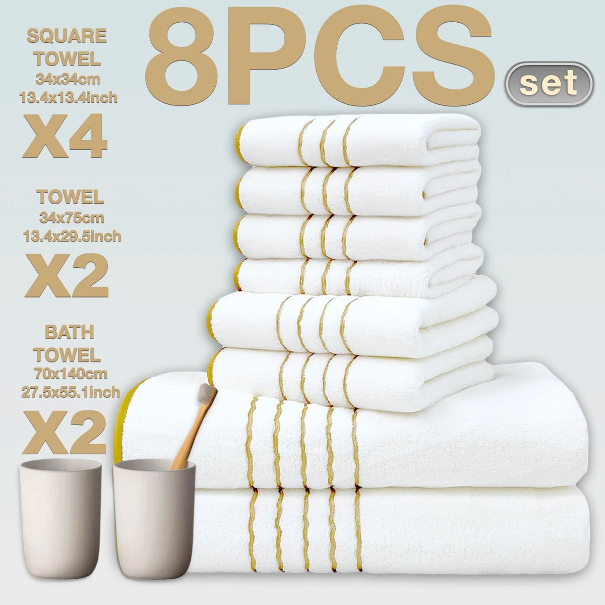 A set of eight white square bath towels stacked and displayed with a wooden brush.