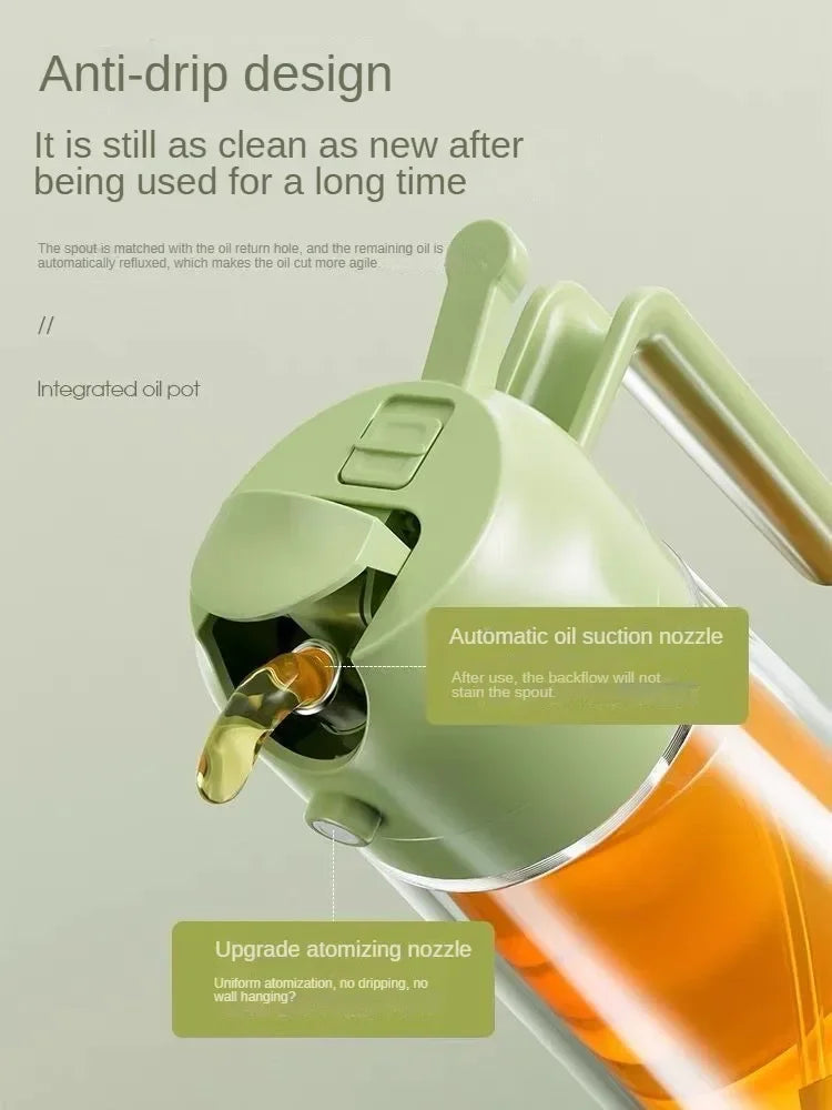 A close-up of a green oil spray bottle demonstrating an anti-drip design and an automatic oil suction nozzle.