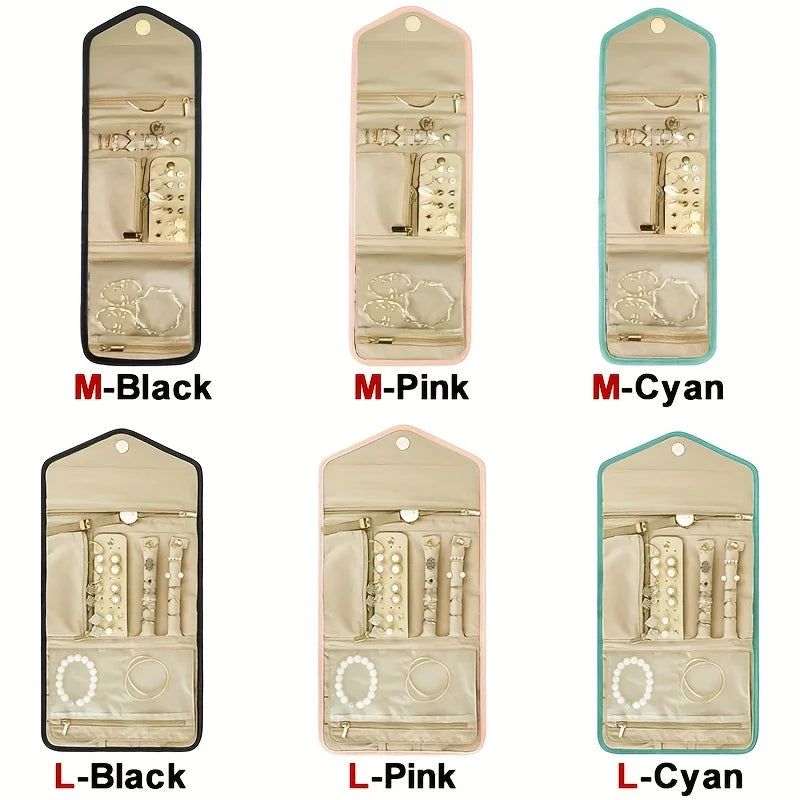 A set of foldable waterproof jewelry organizer bags in black, pink, and cyan colors.