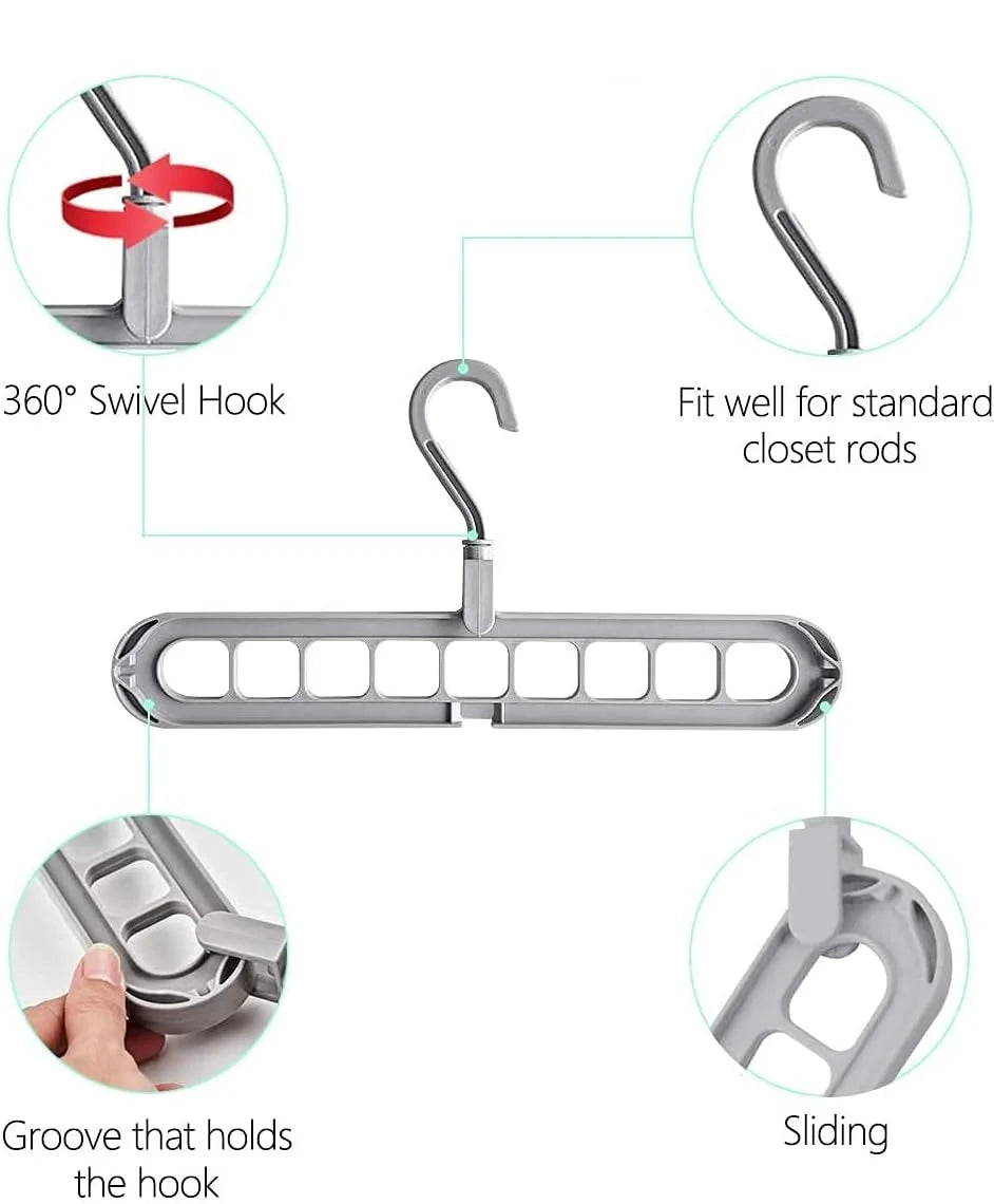 A silver collapsible rotating clothes hanger organizer showing various features like a swivel hook, fit for closet rods, groo