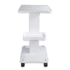 A white portable beauty trolley cart with a flat top and storage tray.