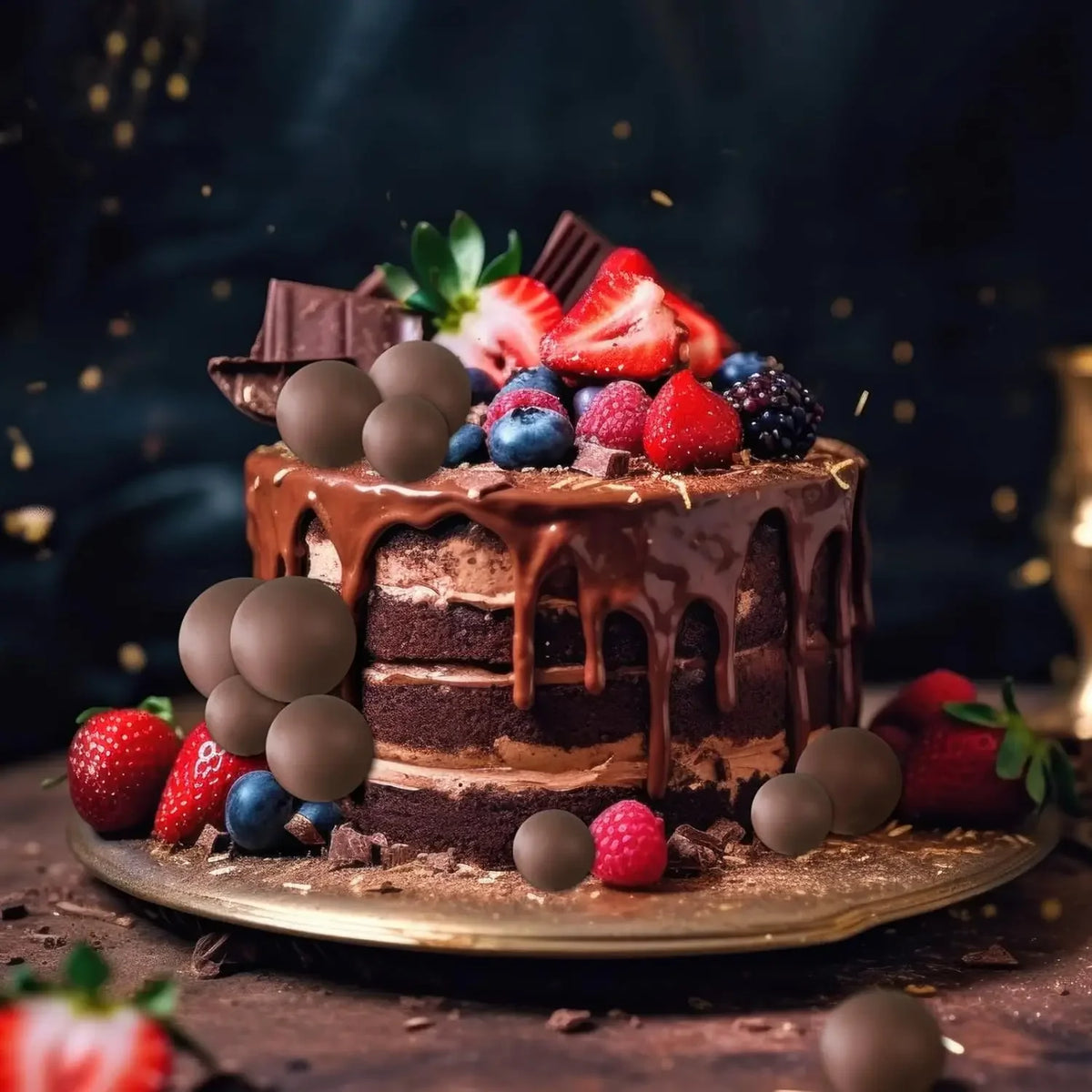 A dark chocolate cake decorated with fresh strawberries, berries, and gold ball toppers on a silver platter.