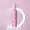 A pink heavy duty automatic windproof umbrella standing on a white pedestal against a light pink background.
