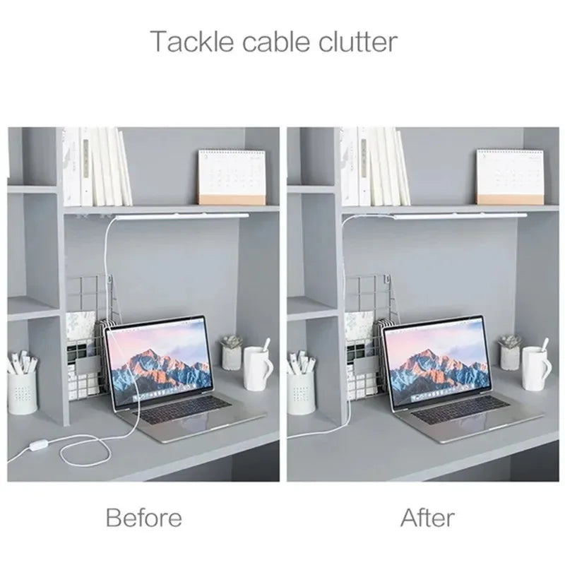 Before and after comparison showing a tackle cable clutter solution for managing cords on a shelf.