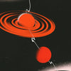 Abstract art featuring concentric orange rings and red spheres suspended by thin white lines against a dark background.