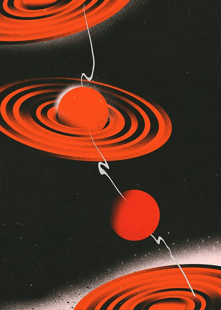 Abstract art featuring concentric orange rings and red spheres suspended by thin white lines against a dark background.