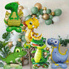 A collection of cartoon animal foil balloons featuring green, yellow, and blue dinosaurs and other jungle animals.
