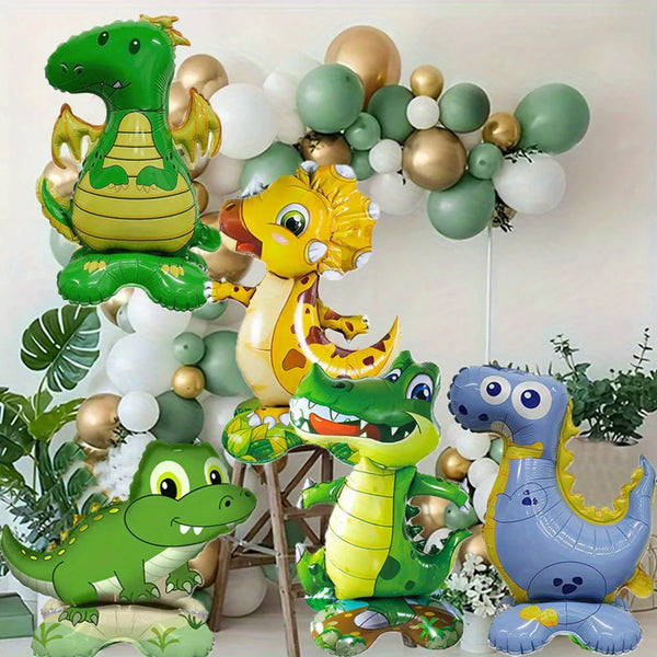 A collection of cartoon animal foil balloons featuring green, yellow, and blue dinosaurs and other jungle animals.