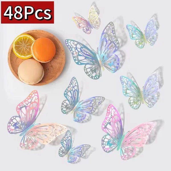 48 bunte 3D-Dekorations-Schmetterlings-Wandsticker auf Holzoberfläche