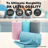 Rolls of ultra-durable DK level quality cleaning towels in pink, blue, and gray.