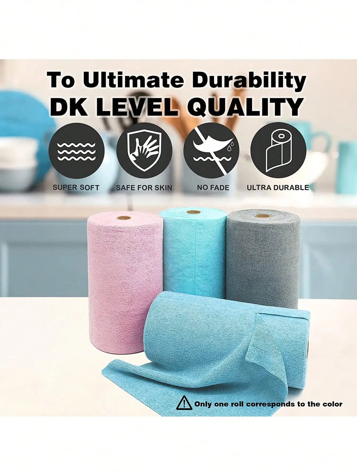 Rolls of ultra-durable DK level quality cleaning towels in pink, blue, and gray.