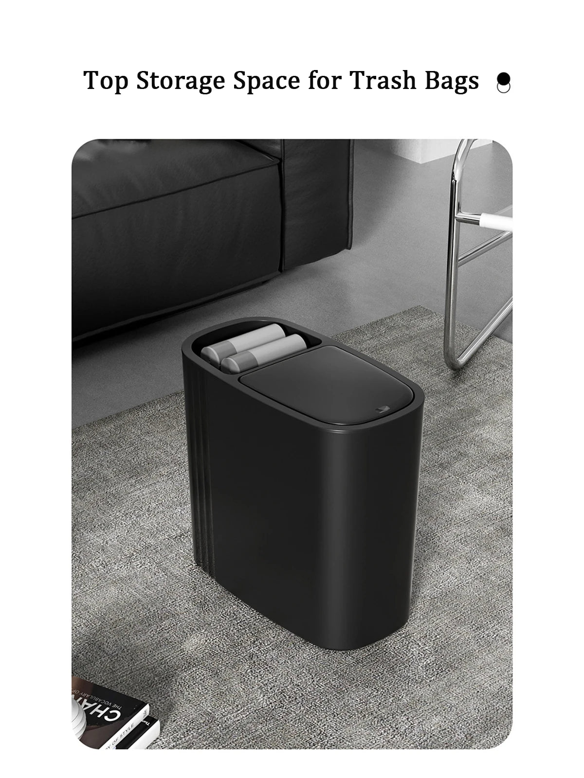 A black odor-sealing trash can with a press lid is shown on a gray carpet.