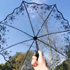 A hand holds a retro transparent folding umbrella open against a blue sky, showing a floral pattern.
