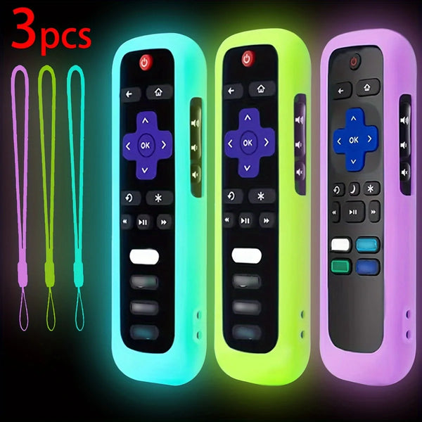 Three glow-in-the-dark silicone remote control covers in cyan, lime green, and purple with lanyards.