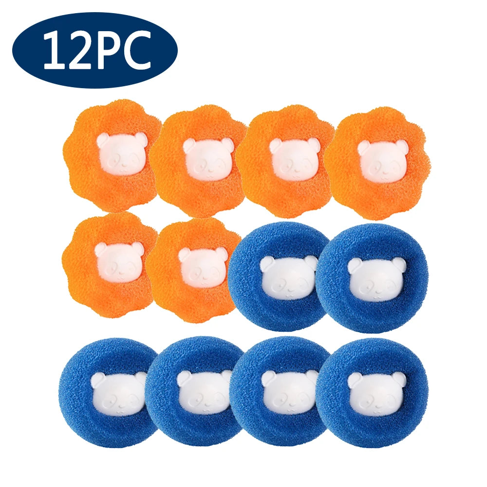 A set of 12 reusable lint and hair remover balls in orange and blue colors.
