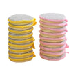 A stack of double-sided kitchen cleaning towels and dish sponges in yellow and pink colors.