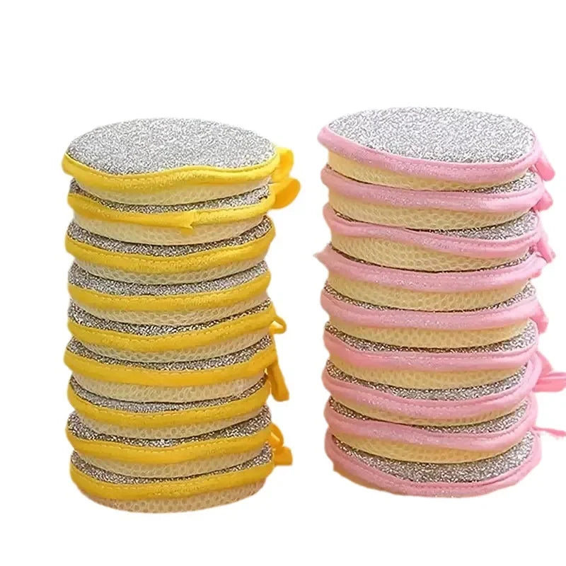 A stack of double-sided kitchen cleaning towels and dish sponges in yellow and pink colors.