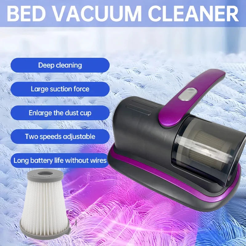 A black and purple handheld bed vacuum cleaner is shown with a dust cup and a cleaning head on a textured surface.