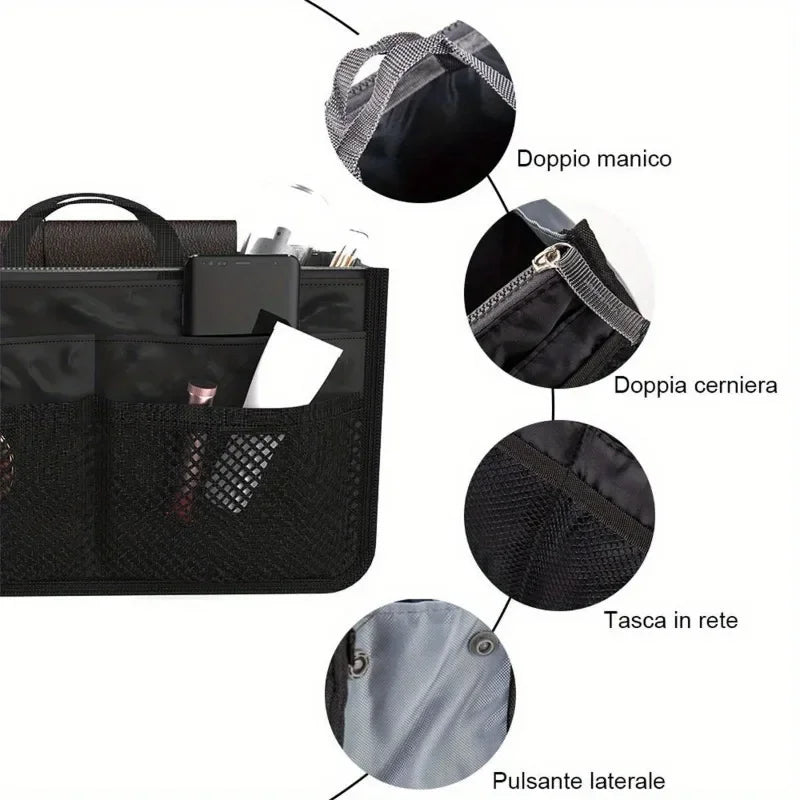 A black foldable cosmetic organizer pouch showing various features like a double handle, zipper, mesh pocket, and side button