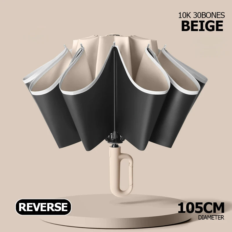 A set of ten beige 30-bone umbrellas with black shafts and a light beige handle displayed on a round stand.