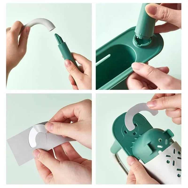 Hands demonstrate the adjustable over-sink dish rack organizer in green and white.