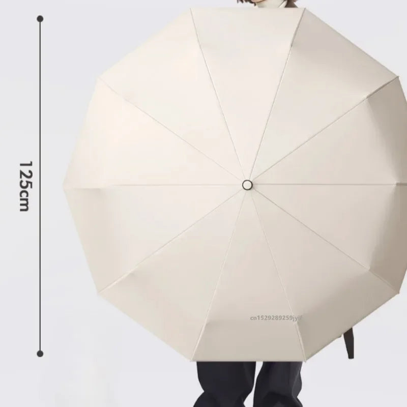 A white automatic folding umbrella with a geometric pattern is shown against a light background.