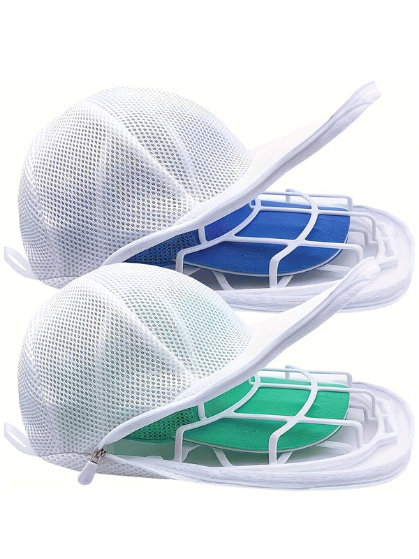A dual hat washing and drying set showing white and green mesh hats with blue and green colored frames.