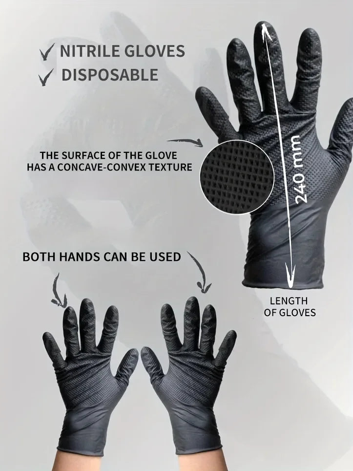 A pair of black disposable nitrile gloves showing the texture and length, with text highlighting features.