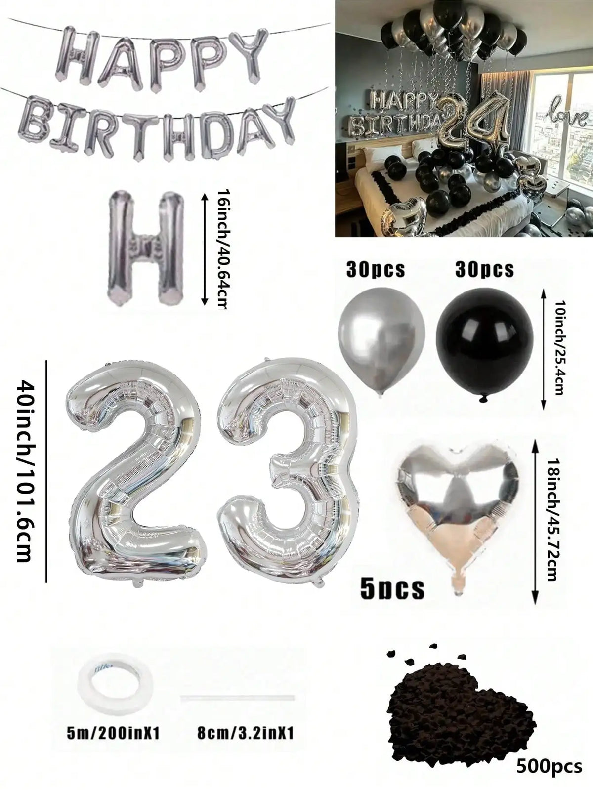 Un juego de globos de números plateados y negros con foil, incluyendo formas de corazón y un polvo marrón oscuro.