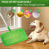 A green reusable microfiber mop pad is shown next to a golden retriever dog, demonstrating the ability to pick up pet hair fr