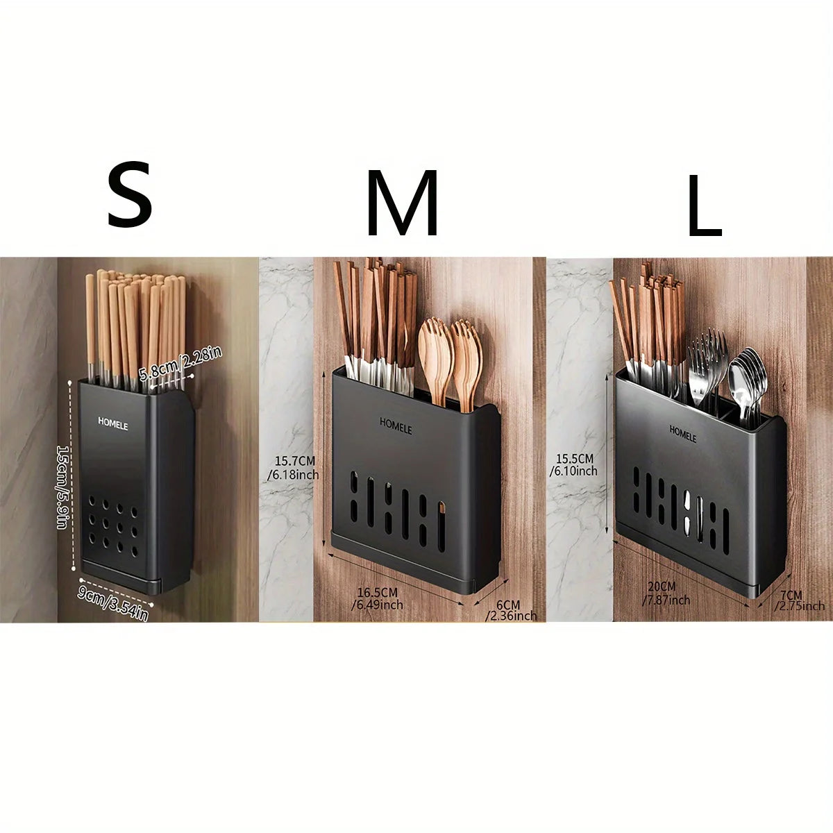 Black cutlery storage rack displaying various sizes of forks and knives, labeled S, M, and L.