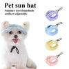 A small white dog wearing a pink sun hat for summer travel protection.
