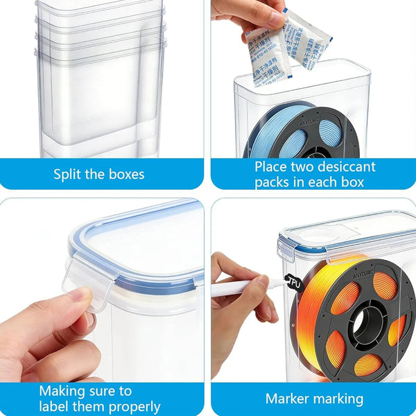 Instructions showing how to split boxes, place desiccant packs, label filament, and mark boxes for airtight storage.