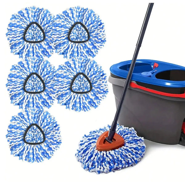 Set of five blue replacement mop heads for a two-tank spin mop system.