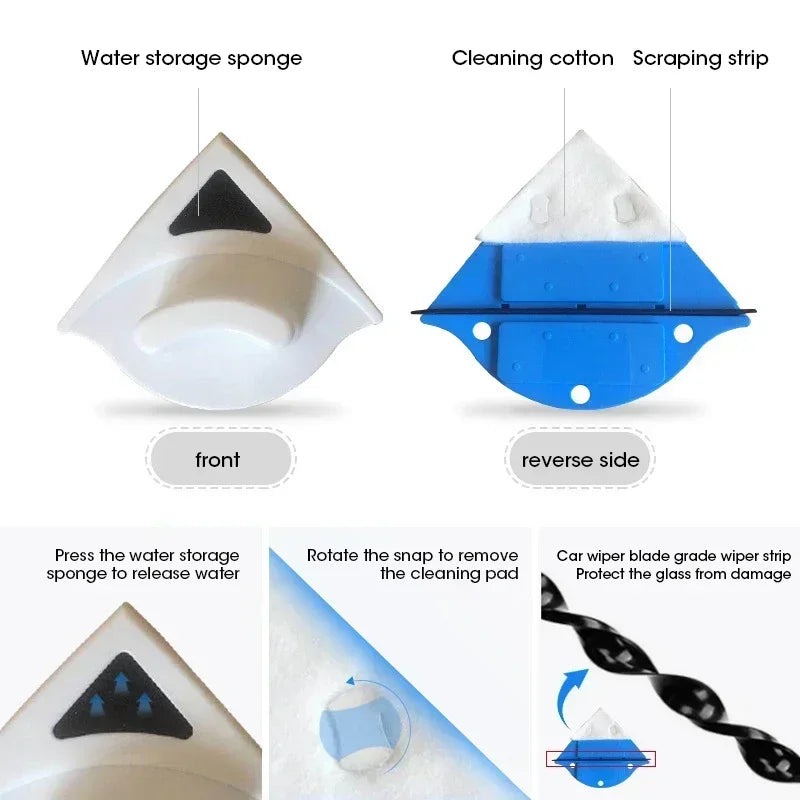 A dual-sided magnetic window cleaner showing the front and reverse side of a sponge and scraping strip for cleaning glass.
