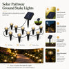 Solar pathway ground stake lights illuminating a garden path at night
